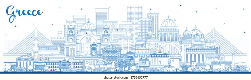 Outline Welcome to Greece City Skyline with Blue Buildings. Vector Illustration. Concept with Historic Architecture. Greece Cityscape with Landmarks. Athens. Thessaloniki. Patras. Heraklion.