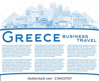 Outline Welcome to Greece City Skyline with Blue Buildings and Copy Space. Vector Illustration. Concept with Historic Architecture. Greece Cityscape with Landmarks. Athens. Thessaloniki. Patras.