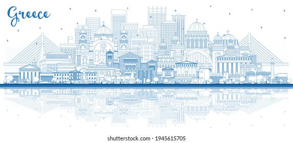 Outline Welcome to Greece City Skyline with Blue Buildings and Reflections. Vector Illustration. Historic Architecture. Greece Cityscape with Landmarks. Athens. Thessaloniki. Patras. Heraklion.