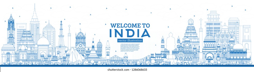 Esquema de bienvenida a India City Skyline con edificios azules. Delhi. Mumbai, Bangalore, Chennai, Hyderabad, Kolkata, Patna, Visakhapatnam. Ilustración vectorial.