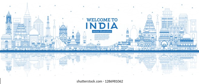 Outline Welcome to India City Skyline with Blue Buildings and Reflections. Delhi. Mumbai, Bangalore, Chennai, Hyderabad, Kolkata, Patna, Visakhapatnam. Vector Illustration. 