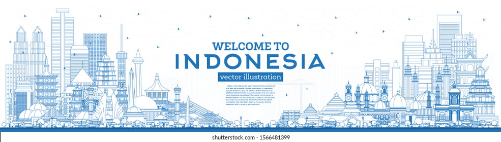 Outline Welcome to Indonesia Skyline with Blue Buildings. Vector Illustration. Tourism Concept with Historic Architecture. Indonesia Cityscape with Landmarks. Jakarta. Surabaya. Bekasi. Bandung. Medan