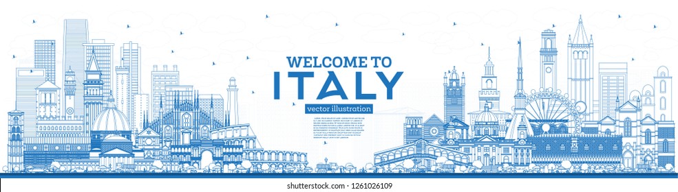 Outline Welcome to Italy Skyline with Blue Buildings. Famous Landmarks in Italy. Vector Illustration. Business Travel and Tourism Concept with Historic Architecture. Italy Cityscape with Landmarks.