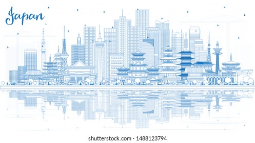 Outline Welcome to Japan Skyline with Blue Buildings and Reflections. Vector Illustration. Tourism Concept with Historic Architecture. Cityscape with Landmarks. Tokyo. Osaka. Nagoya. Kyoto. Nagano. 