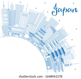 Outline Welcome to Japan Skyline with Blue Buildings and Copy Space. Vector Illustration. Tourism Concept with Historic Architecture. Cityscape with Landmarks. Tokyo. Osaka. Nagoya. Kyoto. Nagano.