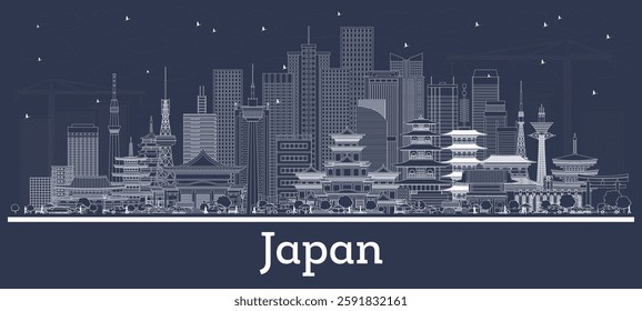 Outline Welcome to Japan Skyline with white Buildings. Vector Illustration. Tourism Concept with Historic Architecture. Cityscape with Landmarks. Tokyo. Osaka. Nagoya. Kyoto. Nagano. Kawasaki. 