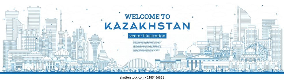 Outline Welcome to Kazakhstan. City Skyline with Blue Buildings. Vector Illustration. Concept with Modern Architecture. Kazakhstan Cityscape with Landmarks. Nur-Sultan and Almaty.