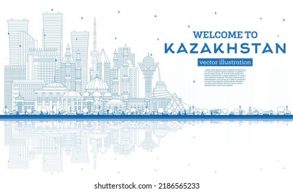 Esquema Bienvenidos a Kazajistán. Esquina de la ciudad con edificios azules y reflexiones. Ilustración vectorial. Concepto con arquitectura moderna. El paisaje urbano de Kazajistán con puntos de referencia. Nur-Sultan y Almaty.