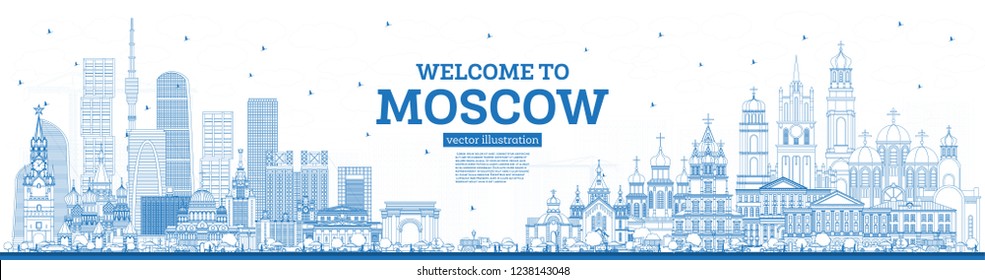 Outline Welcome to Moscow Russia Skyline with Blue Buildings. Vector Illustration. Business Travel and Tourism Concept with Modern Architecture. Moscow Cityscape with Landmarks.