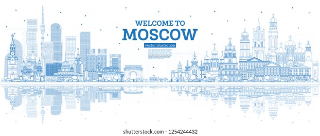 Outline Welcome to Moscow Russia Skyline with Blue Buildings and Reflections. Vector Illustration. Business Travel and Tourism Concept with Modern Architecture. Moscow Cityscape with Landmarks.