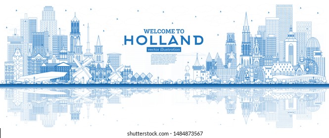 Outline Welcome to Netherlands Skyline with Blue Buildings. Vector Illustration. Tourism Concept with Historic Architecture. Cityscape with Landmarks. Amsterdam. Rotterdam. The Hague. Utrecht.