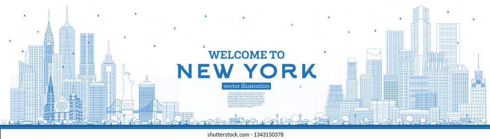 Outline Willkommen in New York USA Skyline mit Blue Buildings. Vektorgrafik. Business Travel and Tourism Konzept mit moderner Architektur. New York City mit Sehenswürdigkeiten. 