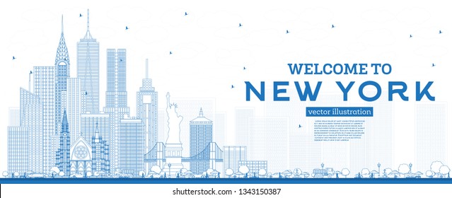 Outline Welcome to New York USA Skyline with Blue Buildings. Vector Illustration. Business Travel and Tourism Concept with Modern Architecture. New York Cityscape with Landmarks. 