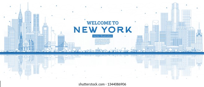 Outline Welcome to New York USA Skyline with Blue Buildings and Reflections. Vector Illustration. Business Travel and Tourism Concept with Modern Architecture. New York Cityscape with Landmarks. 