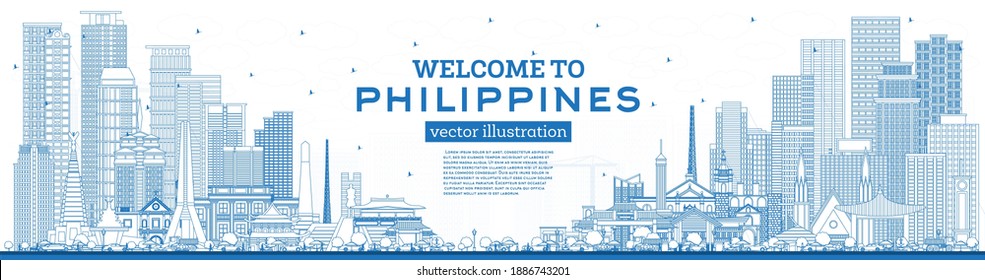 Outline Welcome to Philippines City Skyline with Blue Buildings. Vector Illustration. Concept with Historic Architecture. Philippines Cityscape with Landmarks. Manila, Quezon, Davao, Cebu.