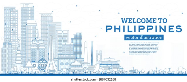 Outline Welcome to Philippines City Skyline with Blue Buildings. Vector Illustration. Concept with Historic Architecture. Philippines Cityscape with Landmarks. Manila, Quezon, Davao, Cebu.