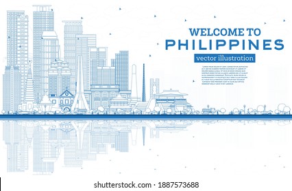 Outline Welcome to Philippines City Skyline with Blue Buildings and Reflections. Vector Illustration. Historic Architecture. Philippines Cityscape with Landmarks. Manila, Quezon, Davao, Cebu.