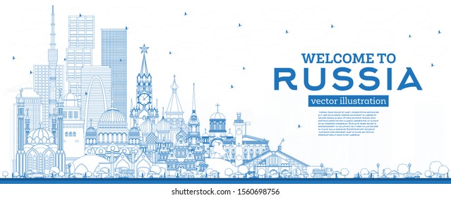 Outline Welcome to Russia Skyline with Blue Buildings. Vector Illustration. Tourism Concept with Historic Architecture. Russia Cityscape with Landmarks. Moscow. Saint Petersburg. Kazan. Yekaterinburg.