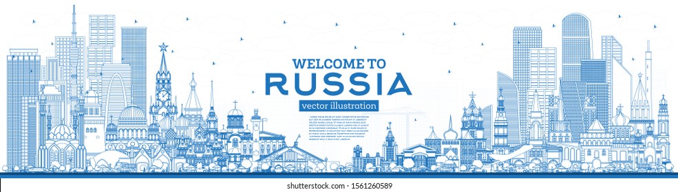 Outline Willkommen in Russland Skyline mit Blauen Gebäuden. Vektorgrafik. Tourismuskonzept mit historischer Architektur. Russland Stadtlandschaft mit Sehenswürdigkeiten. Moskau. Sankt Petersburg. Kasan. Sotschi.