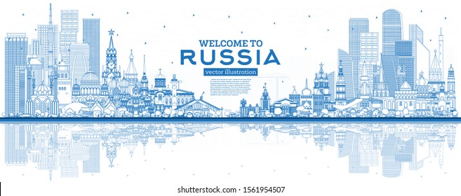 Outline Welcome to Russia Skyline with Blue Buildings. Vector Illustration. Tourism Concept with Historic Architecture. Russia Cityscape with Landmarks. Moscow. Saint Petersburg. Kazan. Sochi.