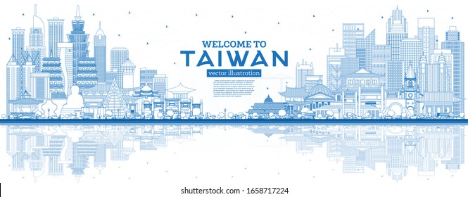 Outline Welcome to Taiwan City Skyline with Blue Buildings and Reflections. Vector Illustration. Tourism Concept with Historic Architecture. Taiwan Cityscape with Landmarks. Taipei. Kaohsiung.