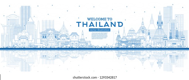 Esquema de bienvenida a Tailandia City Skyline con edificios azules y reflexiones. Ilustración vectorial. Concepto de turismo con arquitectura histórica. El paisaje urbano de Tailandia con puntos de referencia.