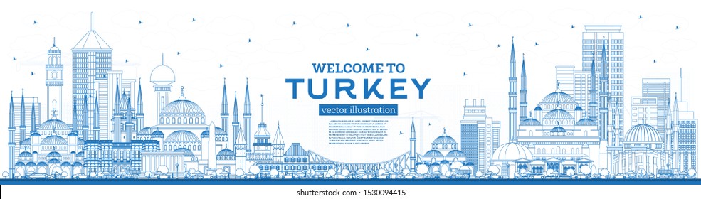 Outline Welcome to Turkey Skyline with Blue Buildings. Vector Illustration. Tourism Concept with Historic Architecture. Turkey Cityscape with Landmarks. Izmir. Ankara. Istanbul.
