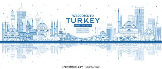 Outline Welcome to Turkey Skyline with Blue Buildings and Reflections. Vector Illustration. Tourism Concept with Historic Architecture. Turkey Cityscape with Landmarks. Izmir. Ankara. Istanbul. 