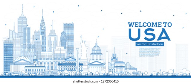 Outline Welcome to USA Skyline with Blue Buildings. Famous Landmarks in USA. Vector Illustration. Travel and Tourism Concept with Historic Architecture. USA Cityscape with Landmarks.