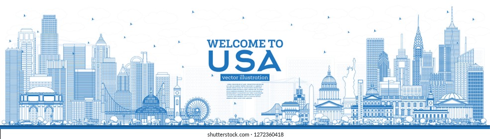 Esquema de bienvenida a USA Skyline con edificios azules. Famosos monumentos en EEUU. Ilustración vectorial. Concepto de Viajes y Turismo con Arquitectura Histórica. El paisaje urbano de EE.UU. con puntos de referencia.