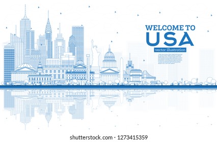 Outline Welcome to USA Skyline with Blue Buildings and Reflections. Famous Landmarks in USA. Vector Illustration. Tourism Concept with Historic Architecture. USA Cityscape with Landmarks.