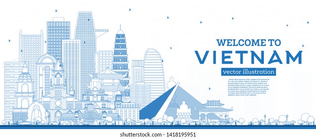 Outline Welcome to Vietnam Skyline with Blue Buildings. Vector Illustration. Tourism Concept with Historic Architecture. Vietnam Cityscape with Landmarks. Hanoi. Ho Chi Minh. Haiphong. Da Nang.