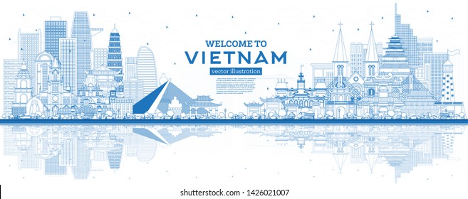 Outline Welcome to Vietnam Skyline with Blue Buildings and Reflections. Vector Illustration. Tourism Concept with Historic Architecture. Vietnam Cityscape with Landmarks. Hanoi. Ho Chi Minh. Haiphong.