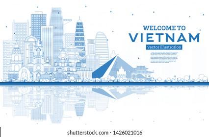 Outline Welcome to Vietnam Skyline with Blue Buildings and Reflections. Vector Illustration. Tourism Concept with Historic Architecture. Vietnam Cityscape with Landmarks. Hanoi. Ho Chi Minh. Haiphong.