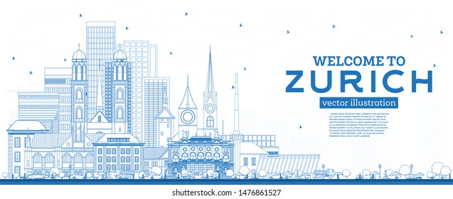 Outline Welcome to Zurich Switzerland Skyline with Blue Buildings. Vector Illustration. Tourism Concept with Historic Architecture. Zurich Cityscape with Landmarks.