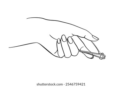 Outline of a well manicured hand holding nail clippers to trim nails vector illustration