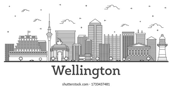 Outline Wellington New Zealand City Skyline with Modern and Historic Buildings Isolated on White. Vector illustration. Wellington Cityscape with Landmarks.