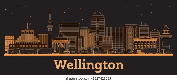 Outline Wellington New Zealand City Skyline with orange Buildings. Vector Illustration. Business Travel and Concept with Modern Architecture. Wellington Cityscape with Landmarks.