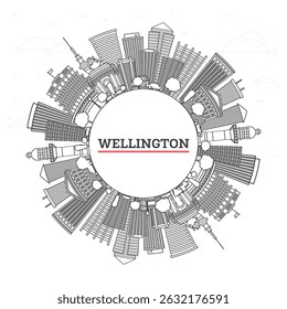 Outline Wellington New Zealand City Skyline with Modern and Historic Buildings Isolated on White. Vector illustration. Wellington Cityscape with Landmarks and copy space.