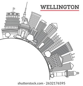 Outline Wellington New Zealand City Skyline with Modern and Historic Buildings Isolated on White. Vector illustration. Wellington Cityscape with Landmarks and copy space.