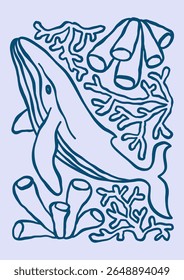 Outline whale vector illustration. Minimalist retro sea poster design with ocean animal and corals