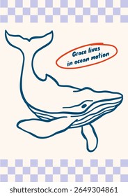 Outline whale vector illustration. Minimalist retro sea poster design with ocean animal with checkered frame