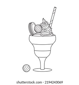 Outline whipped Ice cream with cookie, candy and straw in a cream bowl. Dairy cold dessert. Seasonal sweet food. black and white doodle hand drawn Vector illustration isolated on white. background