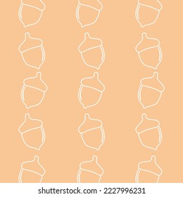 Outline white acorn seamless pattern. Peach color background. Autumn backdrop. Thanksgiving Day. For fabric, wallpaper, textile, wrapping paper. Vector illustration.