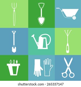 Outline white gardening tools icon set