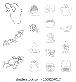 outline and white magic outline icons in set collection for design. Attributes and sorceress accessories vector symbol stock web illustration.