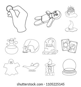 outline and white magic outline icons in set collection for design. Attributes and sorceress accessories vector symbol stock web illustration.