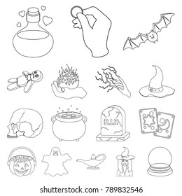 outline and white magic outline icons in set collection for design. Attributes and sorceress accessories vector symbol stock web illustration.