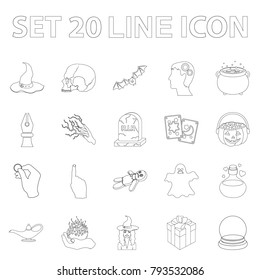 outline and white magic outline icons in set collection for design. Attributes and sorceress accessories vector symbol stock web illustration.