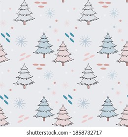 Outline white pink blue fir tree seamless pattern snowflake on grey art design stock vector illustration for web, for print, for wall paper, for wrapping paper